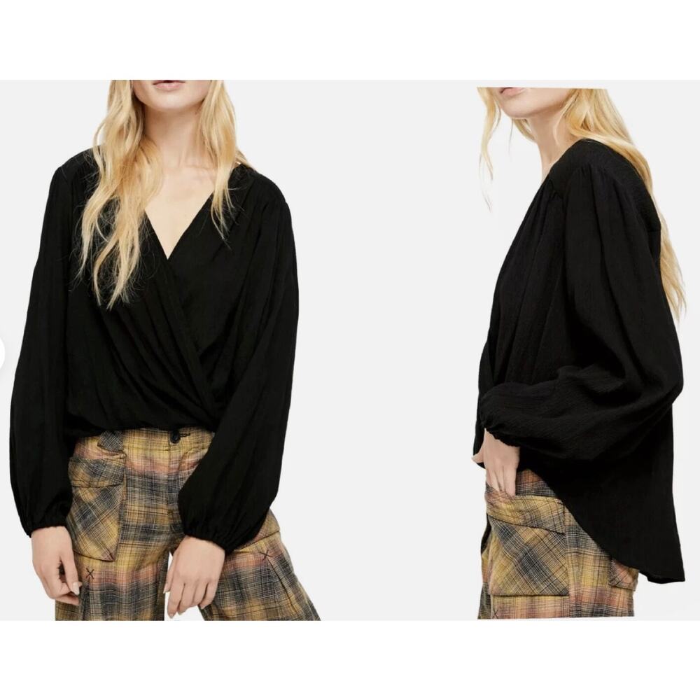 Free People Womens M Black Check On It Draped Wrap Long Sleeve Relaxed Blouse